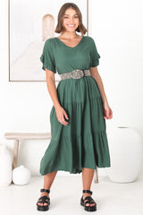 Ame Midi Dress - V Neck Frill Sleeve Tiered Dress in Emerald