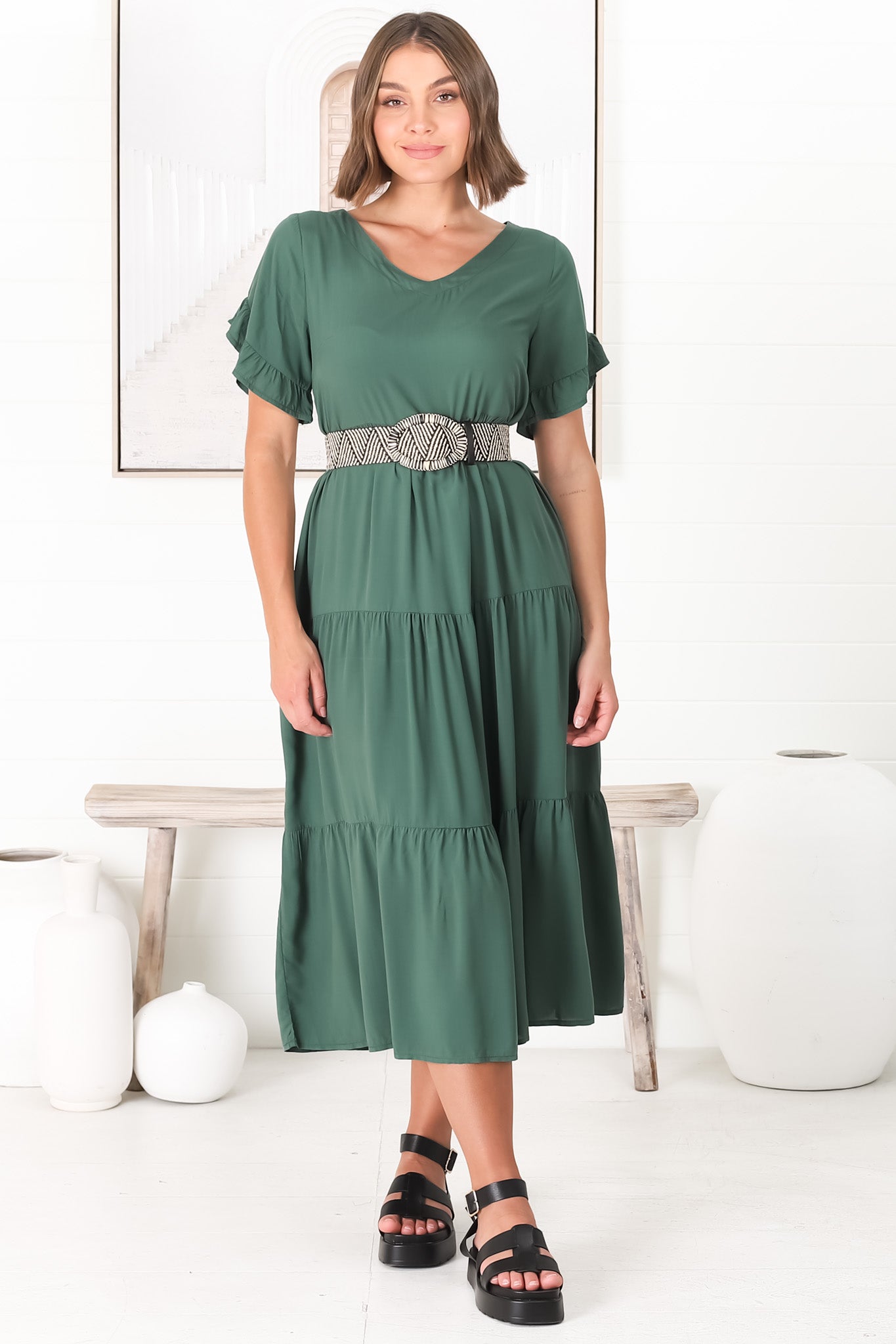 Ame Midi Dress - V Neck Frill Sleeve Tiered Dress in Emerald