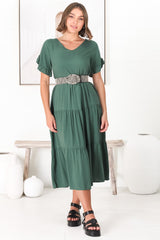 Ame Midi Dress - V Neck Frill Sleeve Tiered Dress in Emerald