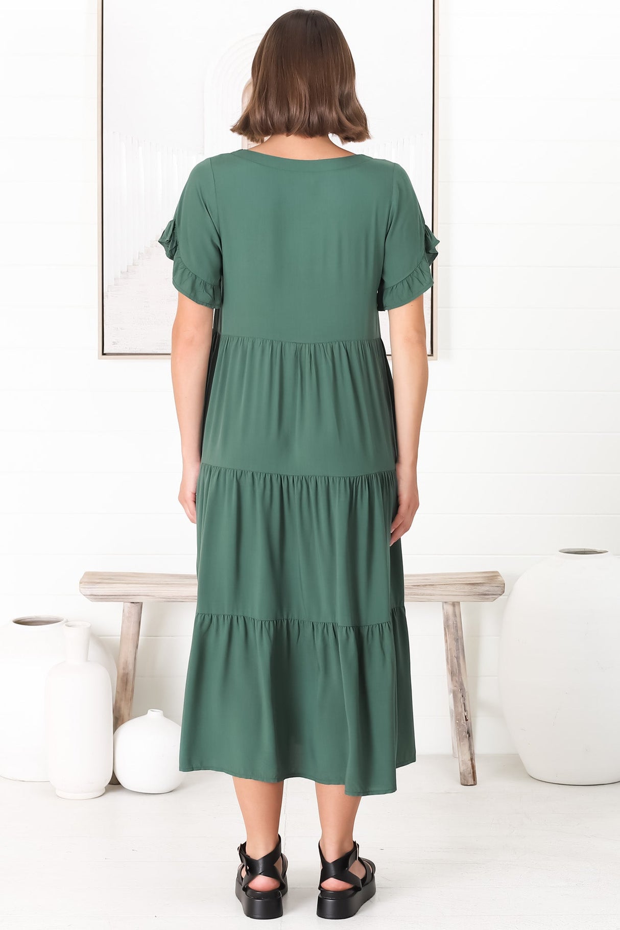 Ame Midi Dress - V Neck Frill Sleeve Tiered Dress in Emerald