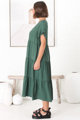 Ame Midi Dress - V Neck Frill Sleeve Tiered Dress in Emerald