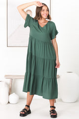 Ame Midi Dress - V Neck Frill Sleeve Tiered Dress in Emerald