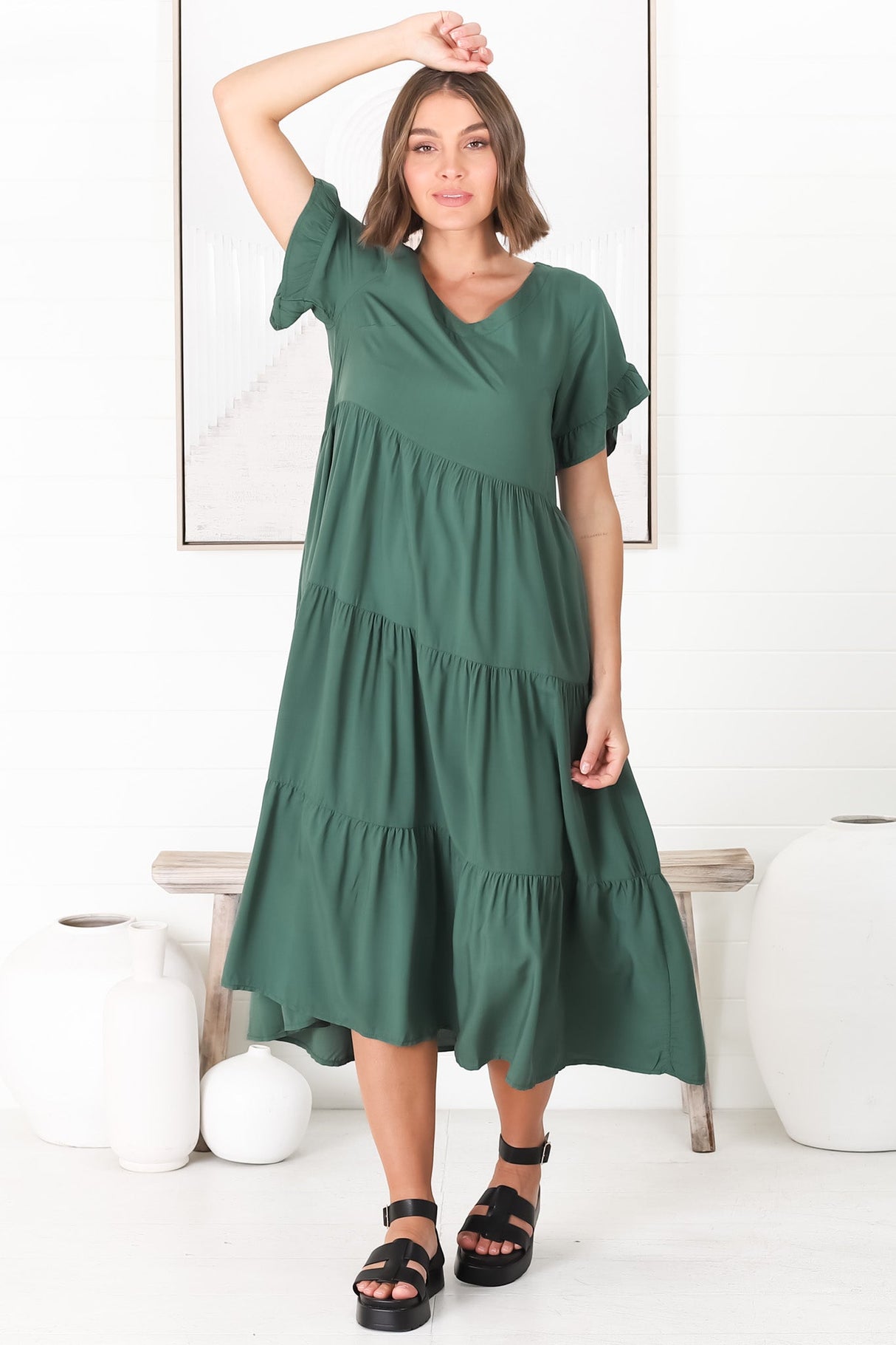 Ame Midi Dress - V Neck Frill Sleeve Tiered Dress in Emerald