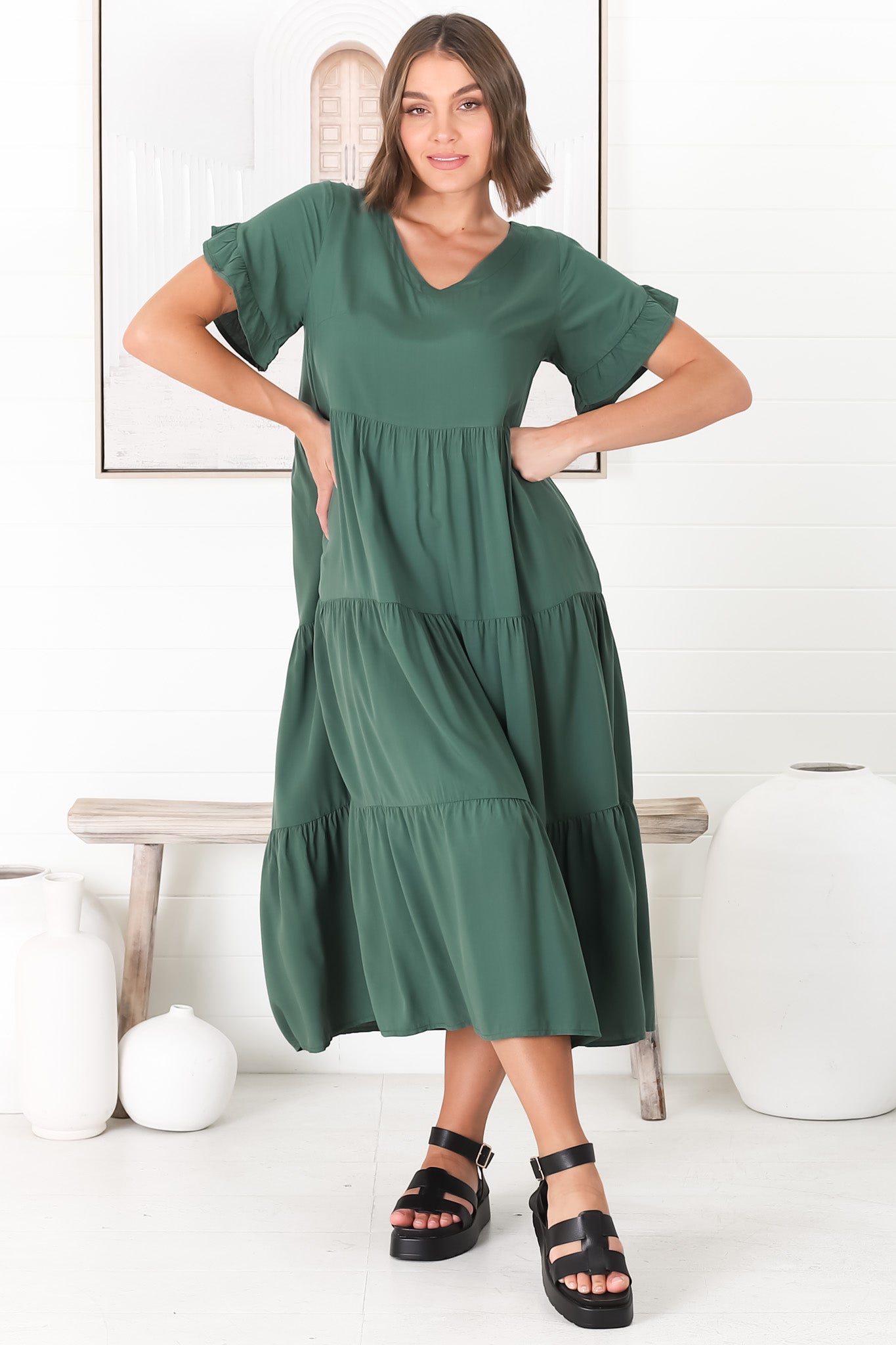 Ame Midi Dress - V Neck Frill Sleeve Tiered Dress in Emerald