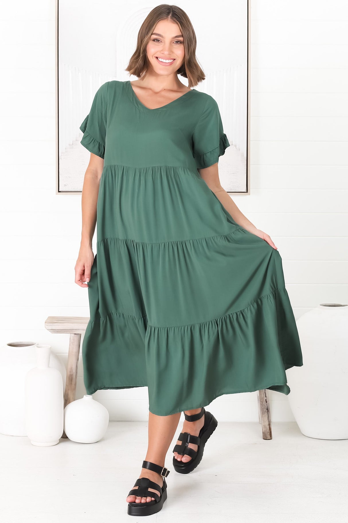 Ame Midi Dress - V Neck Frill Sleeve Tiered Dress in Emerald