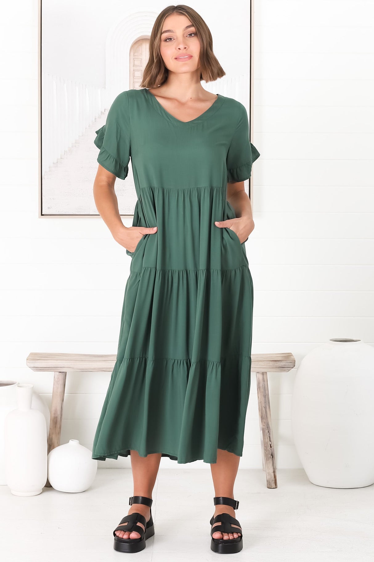 Ame Midi Dress - V Neck Frill Sleeve Tiered Dress in Emerald