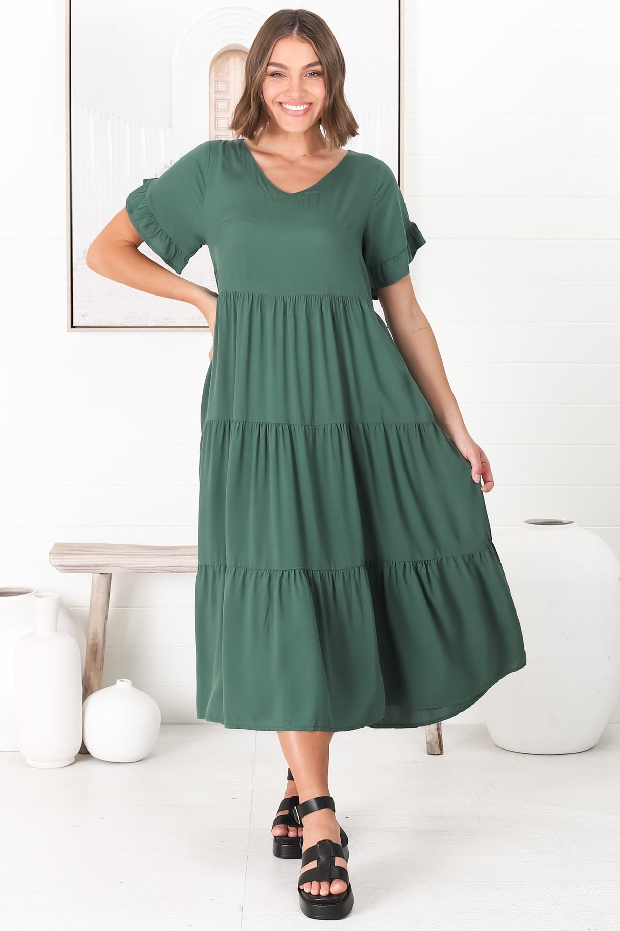 Ame Midi Dress - V Neck Frill Sleeve Tiered Dress in Emerald