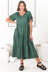 Ame Midi Dress - V Neck Frill Sleeve Tiered Dress in Emerald