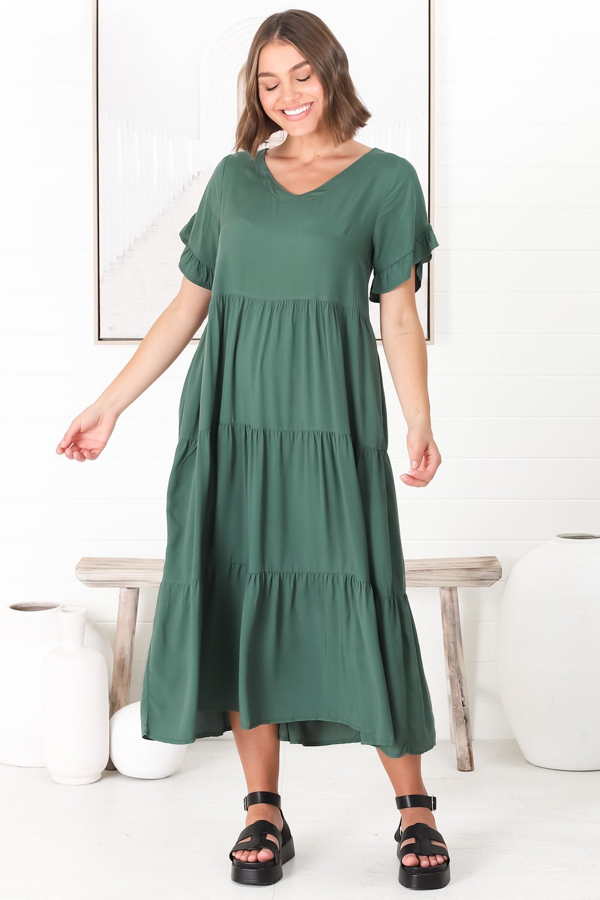 Ame Midi Dress - V Neck Frill Sleeve Tiered Dress in Emerald