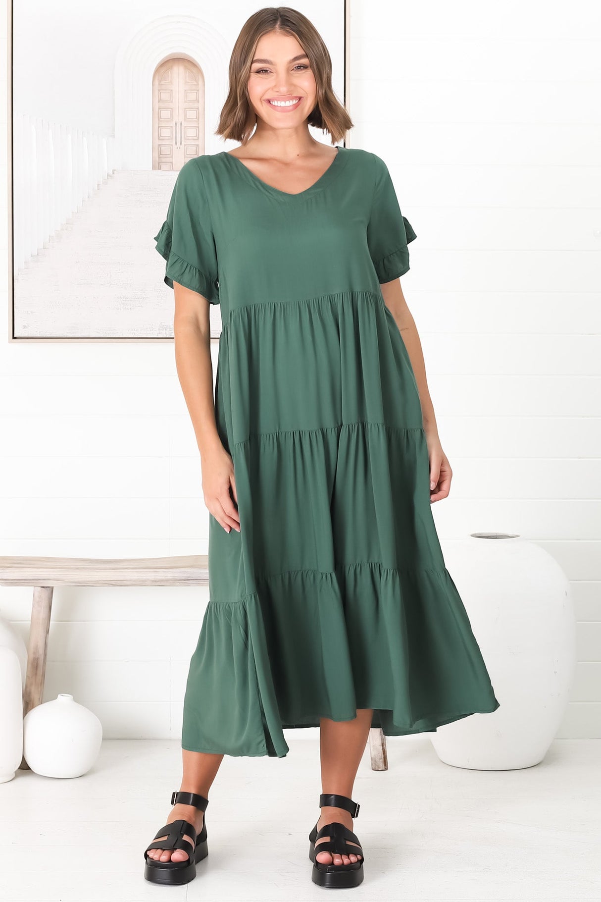 Ame Midi Dress - V Neck Frill Sleeve Tiered Dress in Emerald