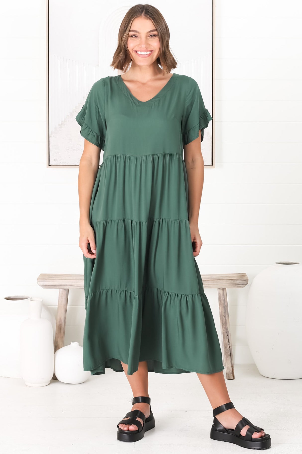 Ame Midi Dress - V Neck Frill Sleeve Tiered Dress in Emerald