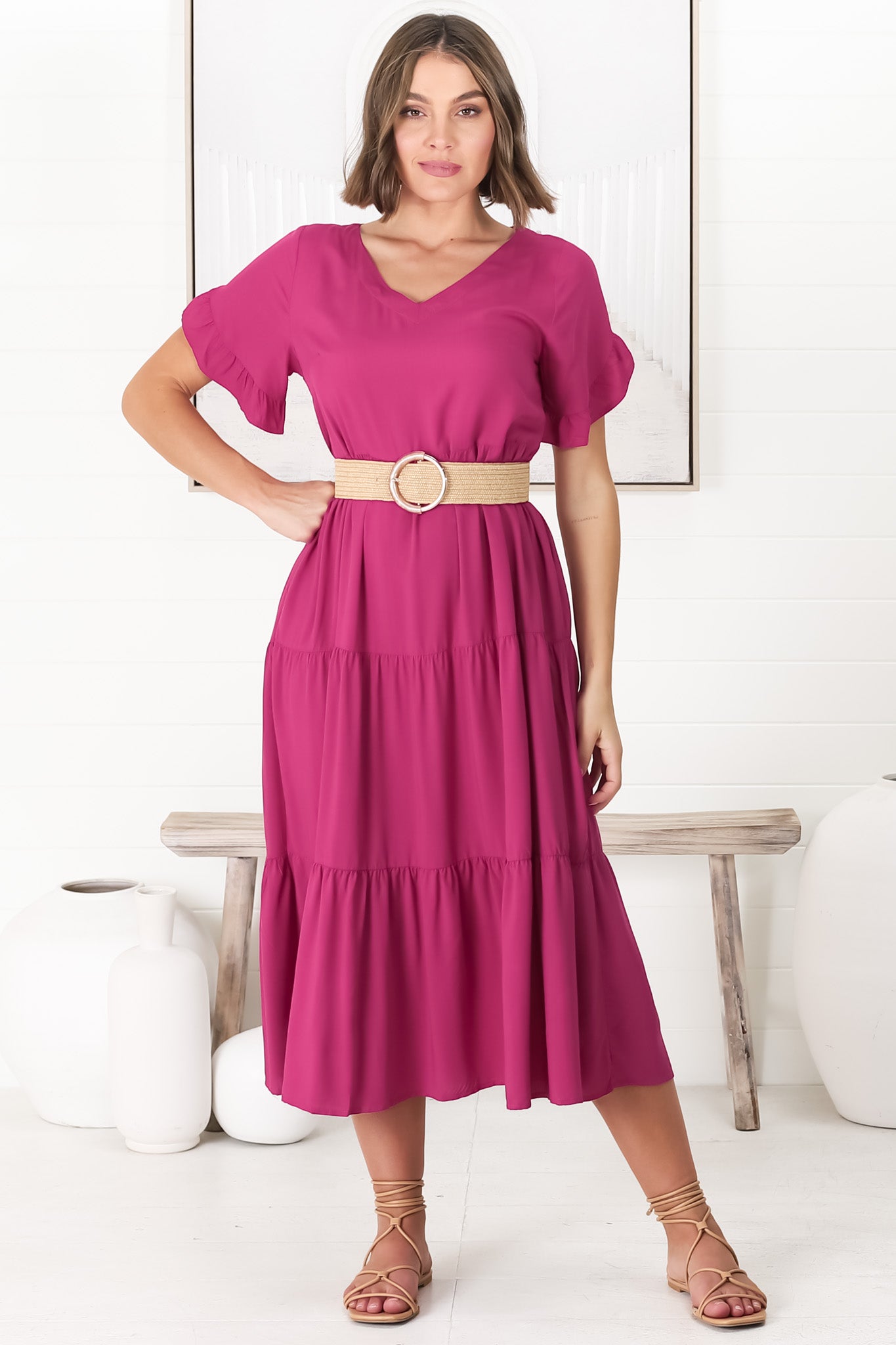 Ame Midi Dress - V Neck Frill Sleeve Tiered Dress in Magenta