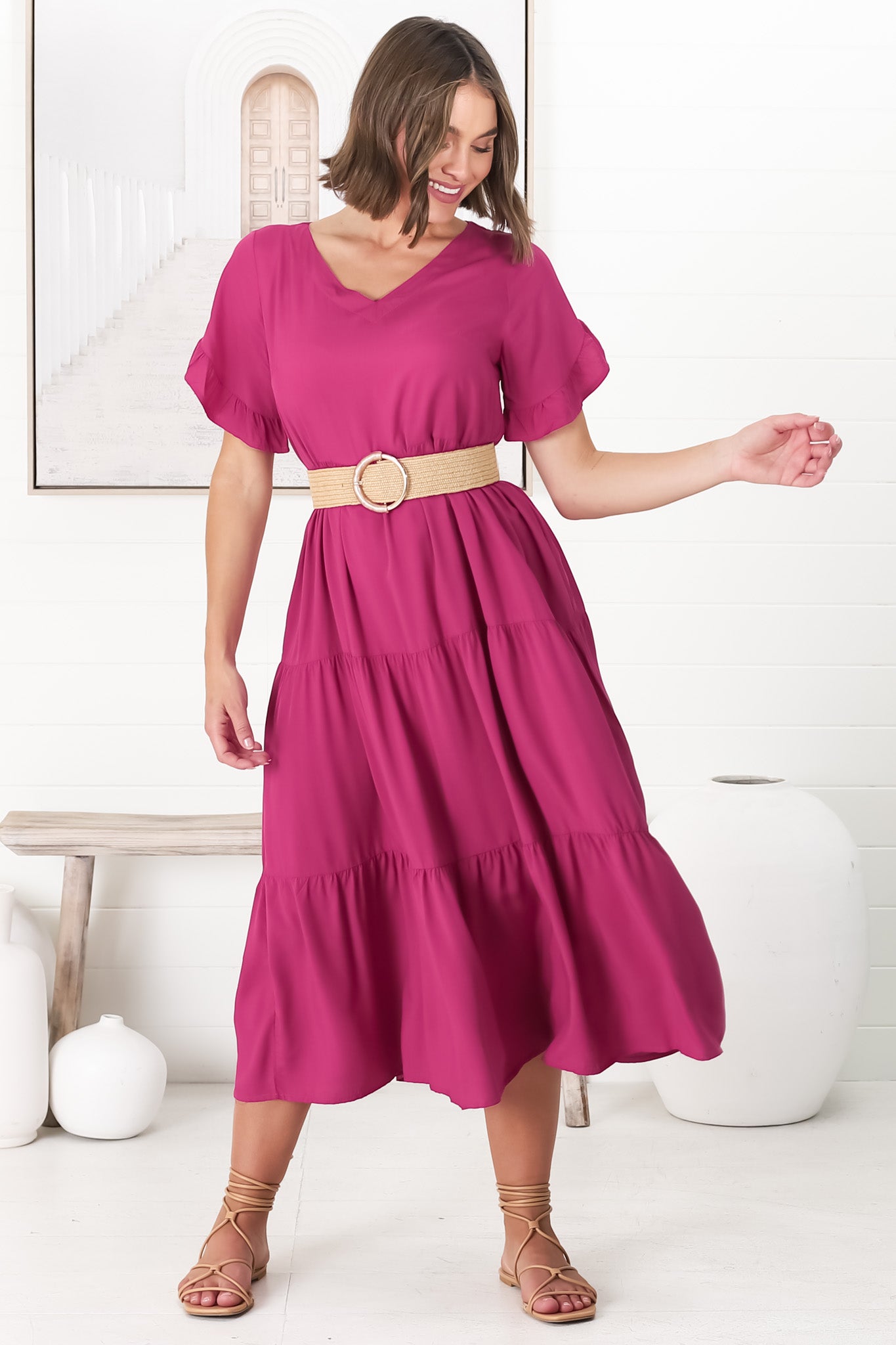 Ame Midi Dress - V Neck Frill Sleeve Tiered Dress in Magenta