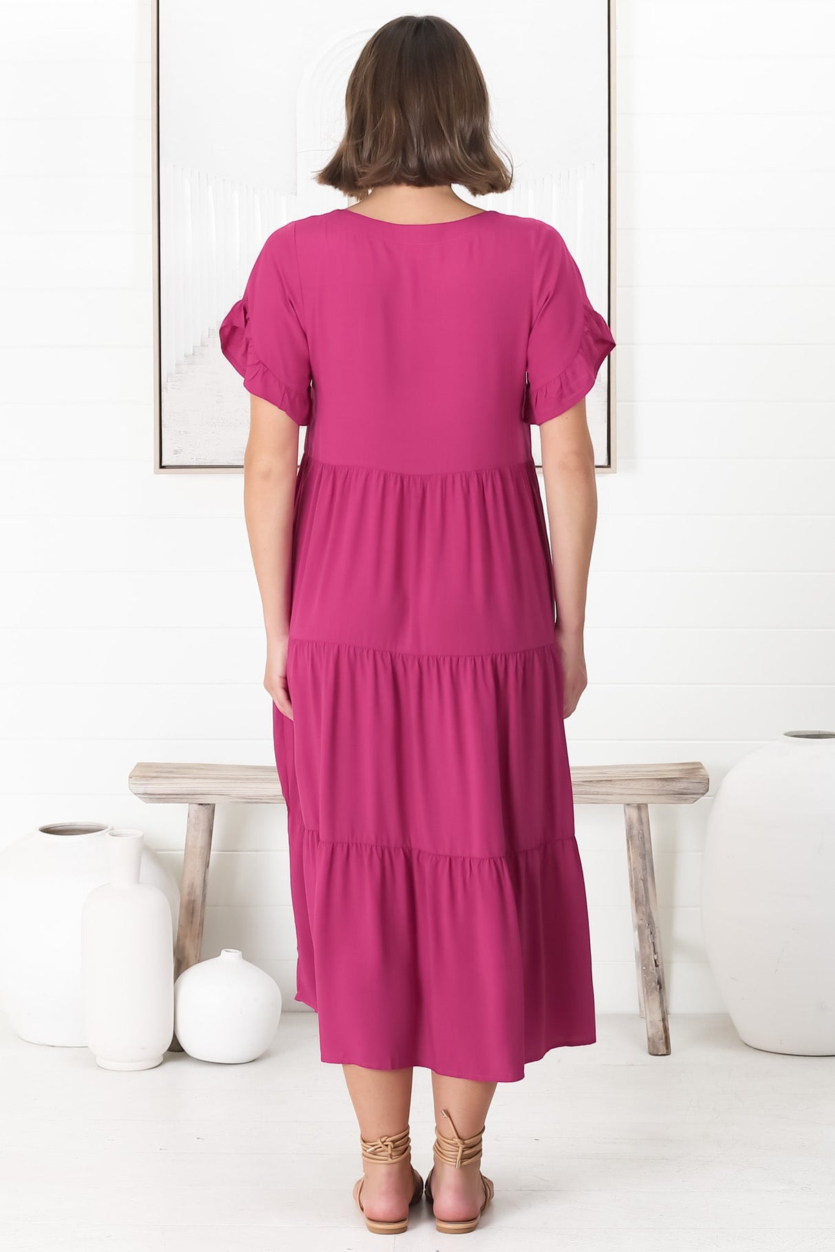 Ame Midi Dress - V Neck Frill Sleeve Tiered Dress in Magenta