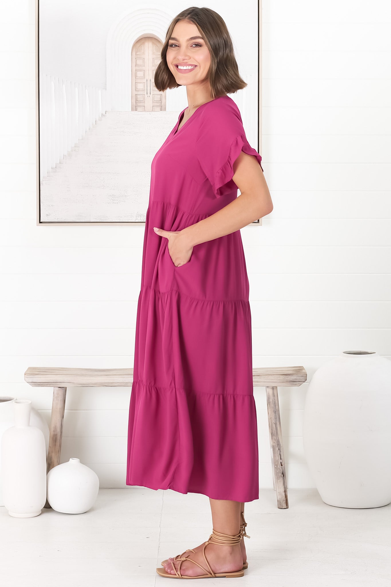 Ame Midi Dress - V Neck Frill Sleeve Tiered Dress in Magenta