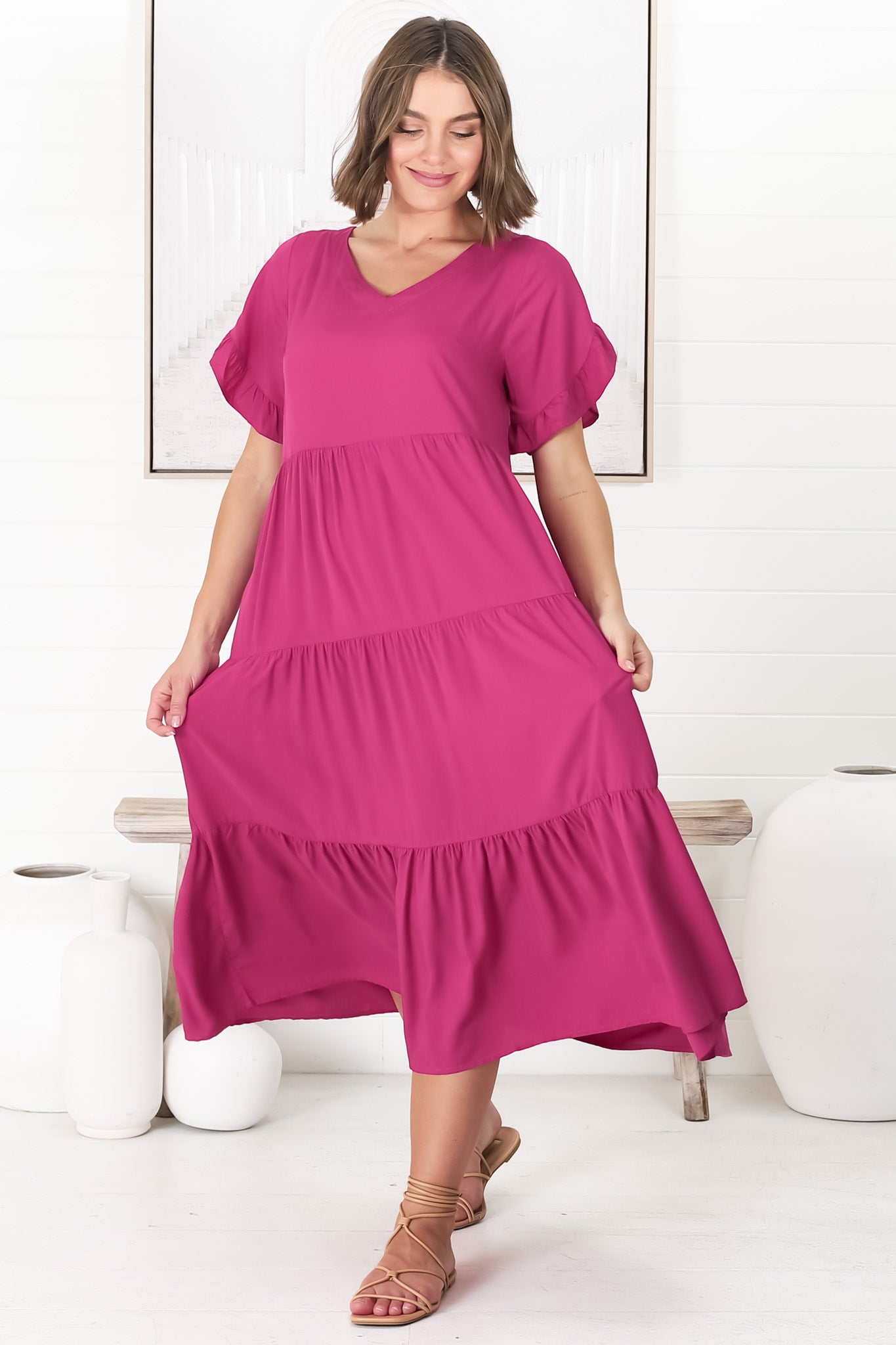 Ame Midi Dress - V Neck Frill Sleeve Tiered Dress in Magenta