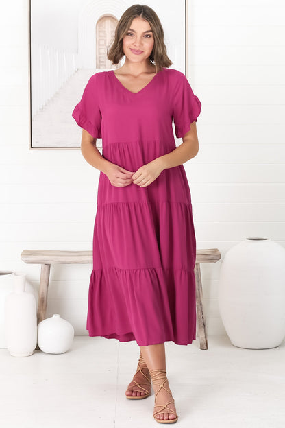 Ame Midi Dress - V Neck Frill Sleeve Tiered Dress in Magenta