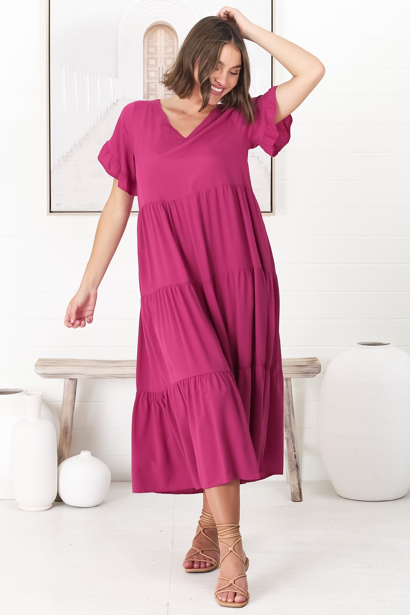 Ame Midi Dress - V Neck Frill Sleeve Tiered Dress in Magenta