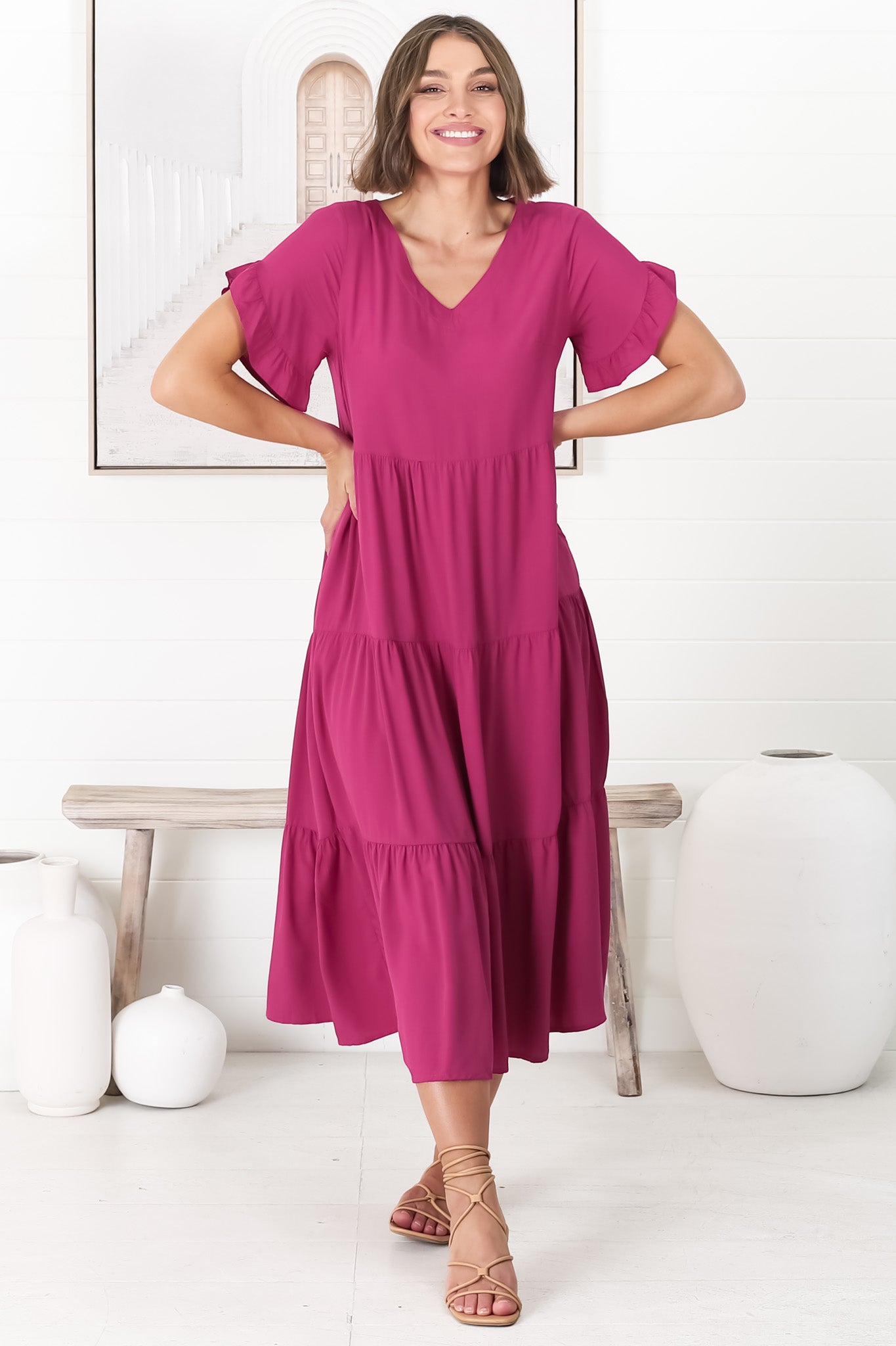 Ame Midi Dress - V Neck Frill Sleeve Tiered Dress in Magenta