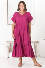 Ame Midi Dress - V Neck Frill Sleeve Tiered Dress in Magenta