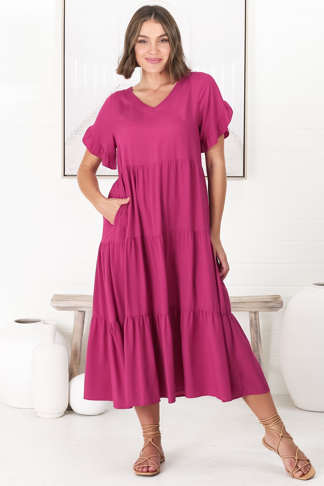 Ame Midi Dress - V Neck Frill Sleeve Tiered Dress in Magenta