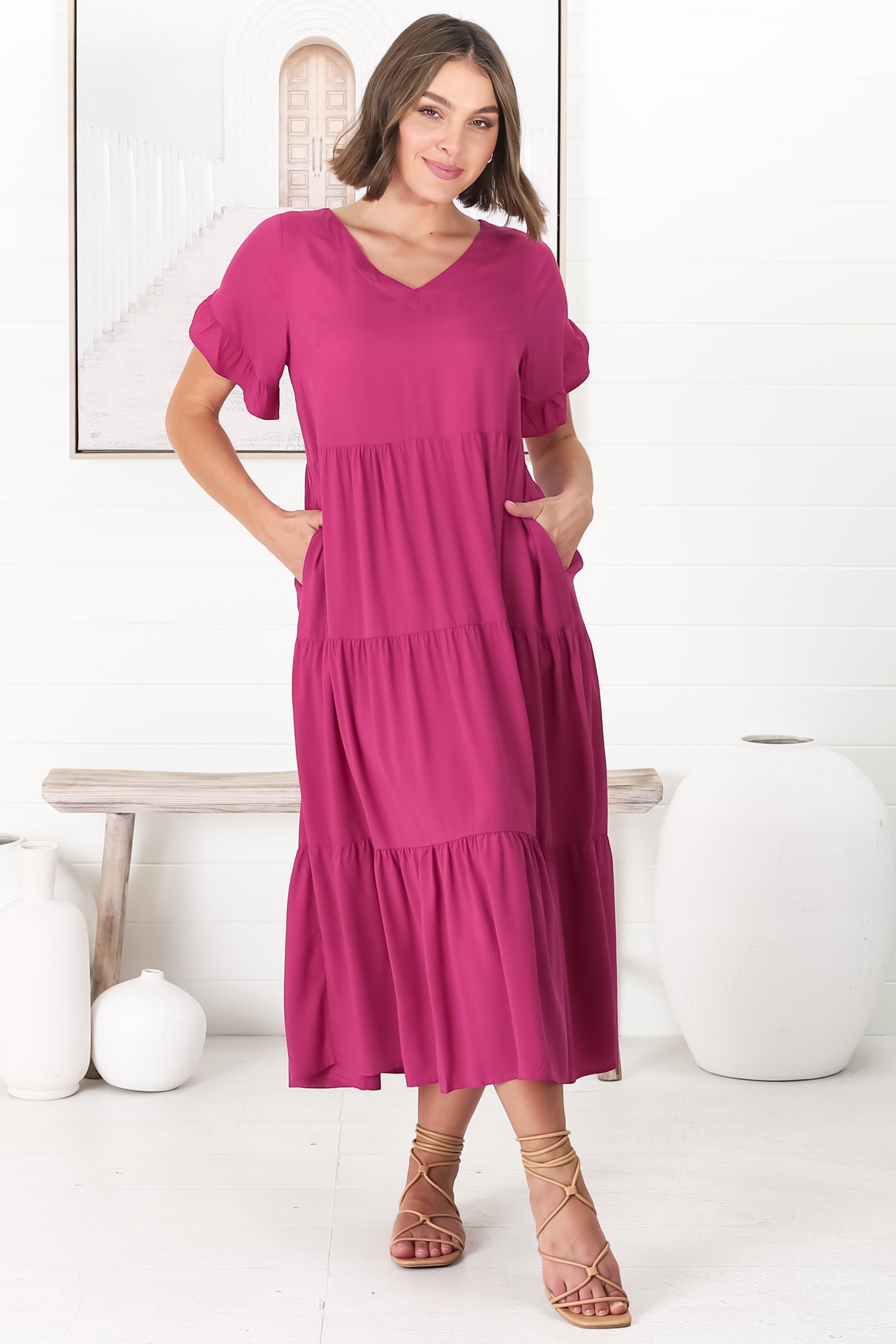 Ame Midi Dress - V Neck Frill Sleeve Tiered Dress in Magenta