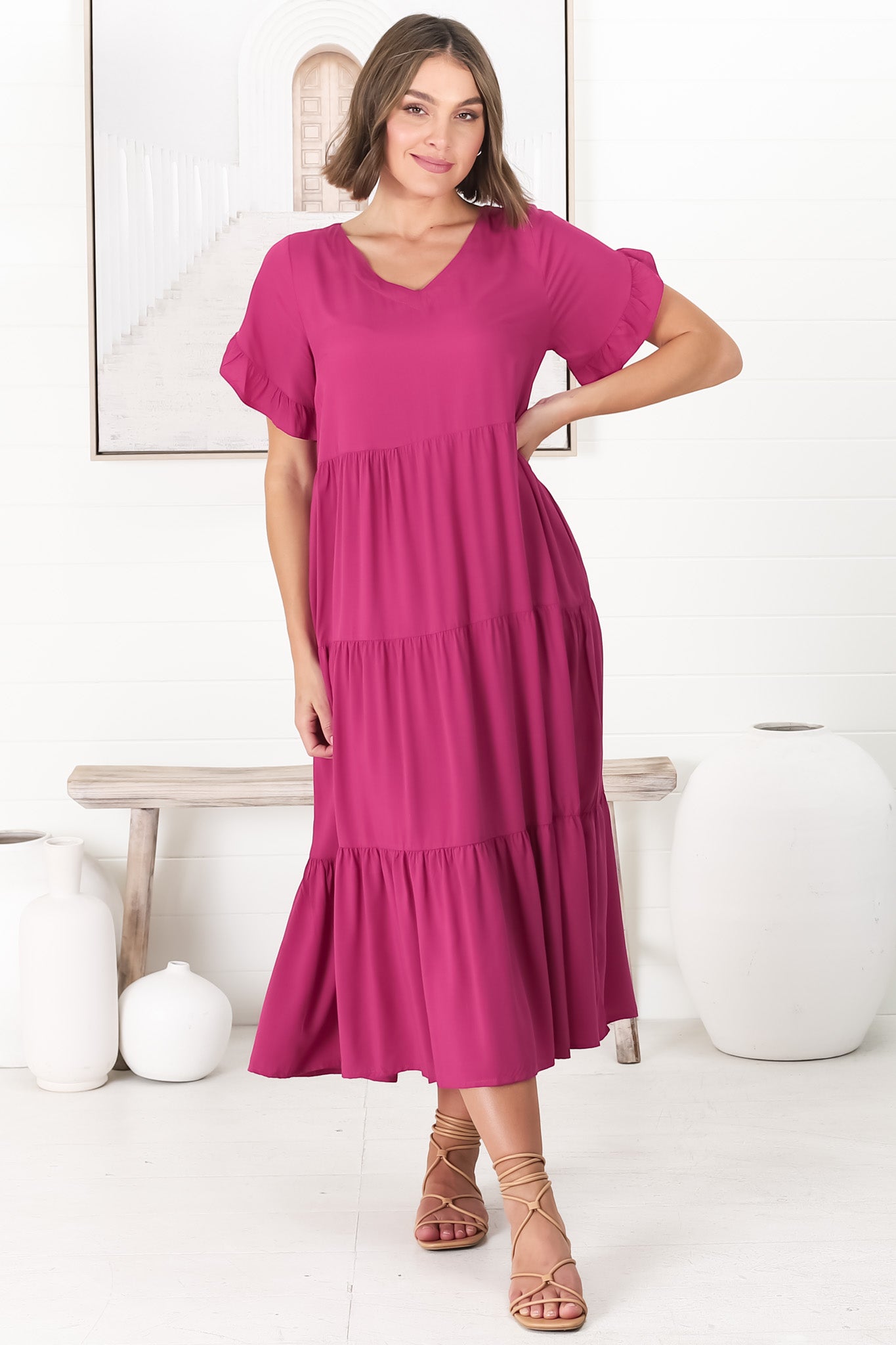 Ame Midi Dress - V Neck Frill Sleeve Tiered Dress in Magenta