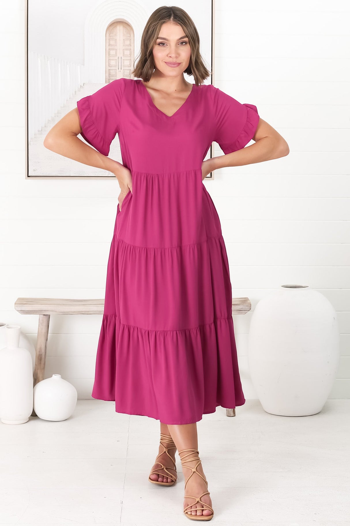 Ame Midi Dress - V Neck Frill Sleeve Tiered Dress in Magenta