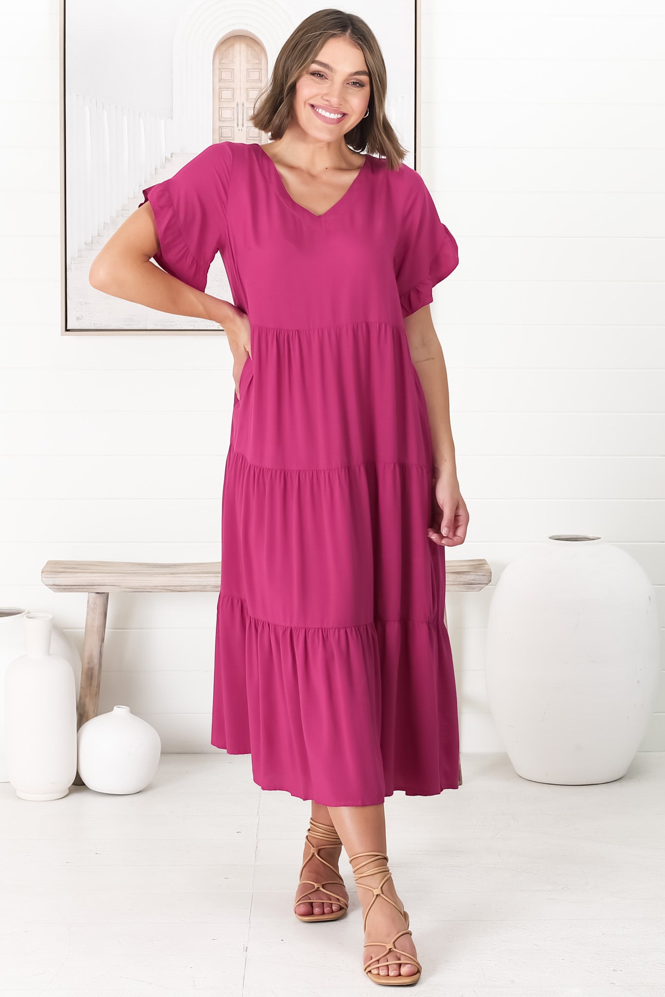 Ame Midi Dress - V Neck Frill Sleeve Tiered Dress in Magenta