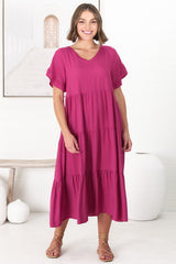 Ame Midi Dress - V Neck Frill Sleeve Tiered Dress in Magenta