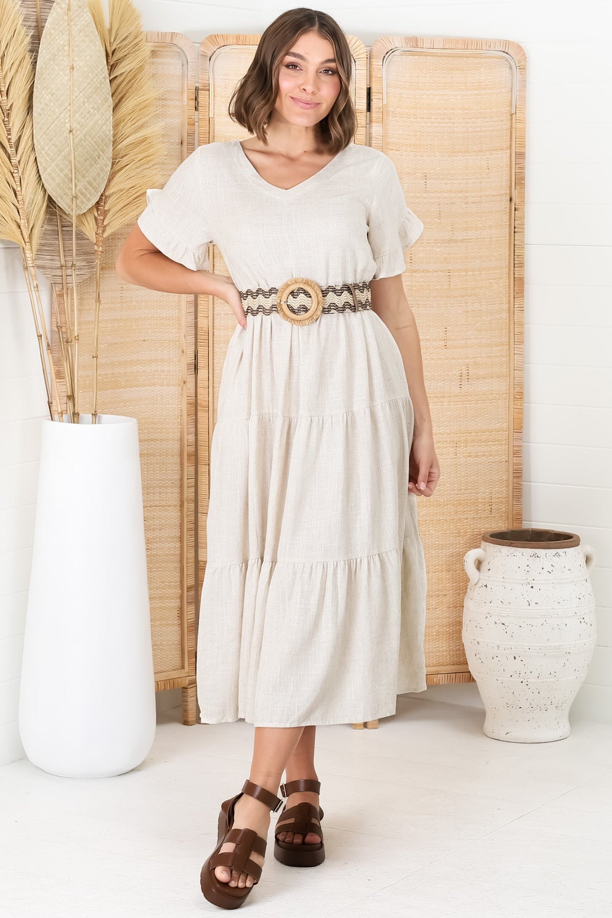 Ame Midi Dress - V Neck Frill Sleeve Tiered Dress in Oatmeal