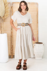 Ame Midi Dress - V Neck Frill Sleeve Tiered Dress in Oatmeal