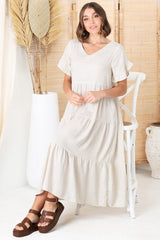 Ame Midi Dress - V Neck Frill Sleeve Tiered Dress in Oatmeal