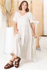 Ame Midi Dress - V Neck Frill Sleeve Tiered Dress in Oatmeal