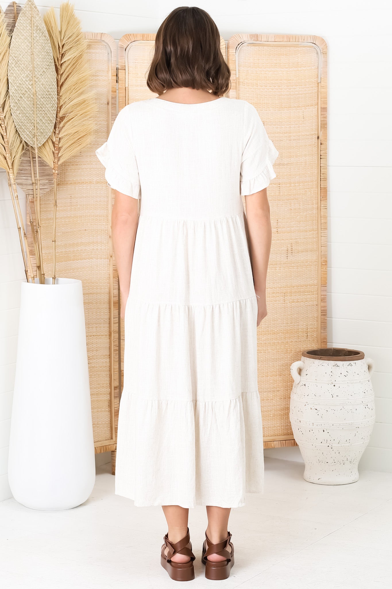 Ame Midi Dress - V Neck Frill Sleeve Tiered Dress in Oatmeal