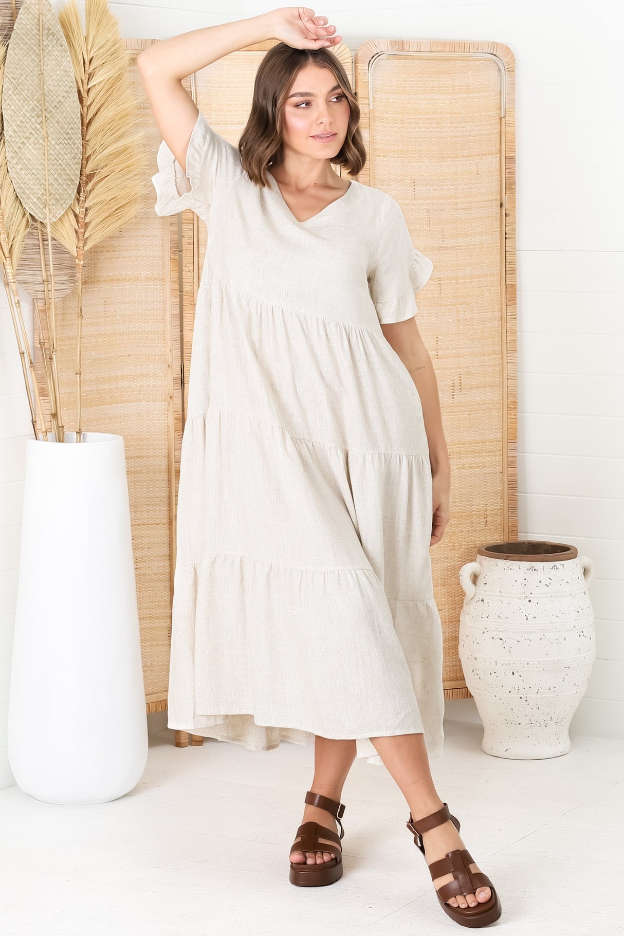 Ame Midi Dress - V Neck Frill Sleeve Tiered Dress in Oatmeal