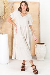 Ame Midi Dress - V Neck Frill Sleeve Tiered Dress in Oatmeal