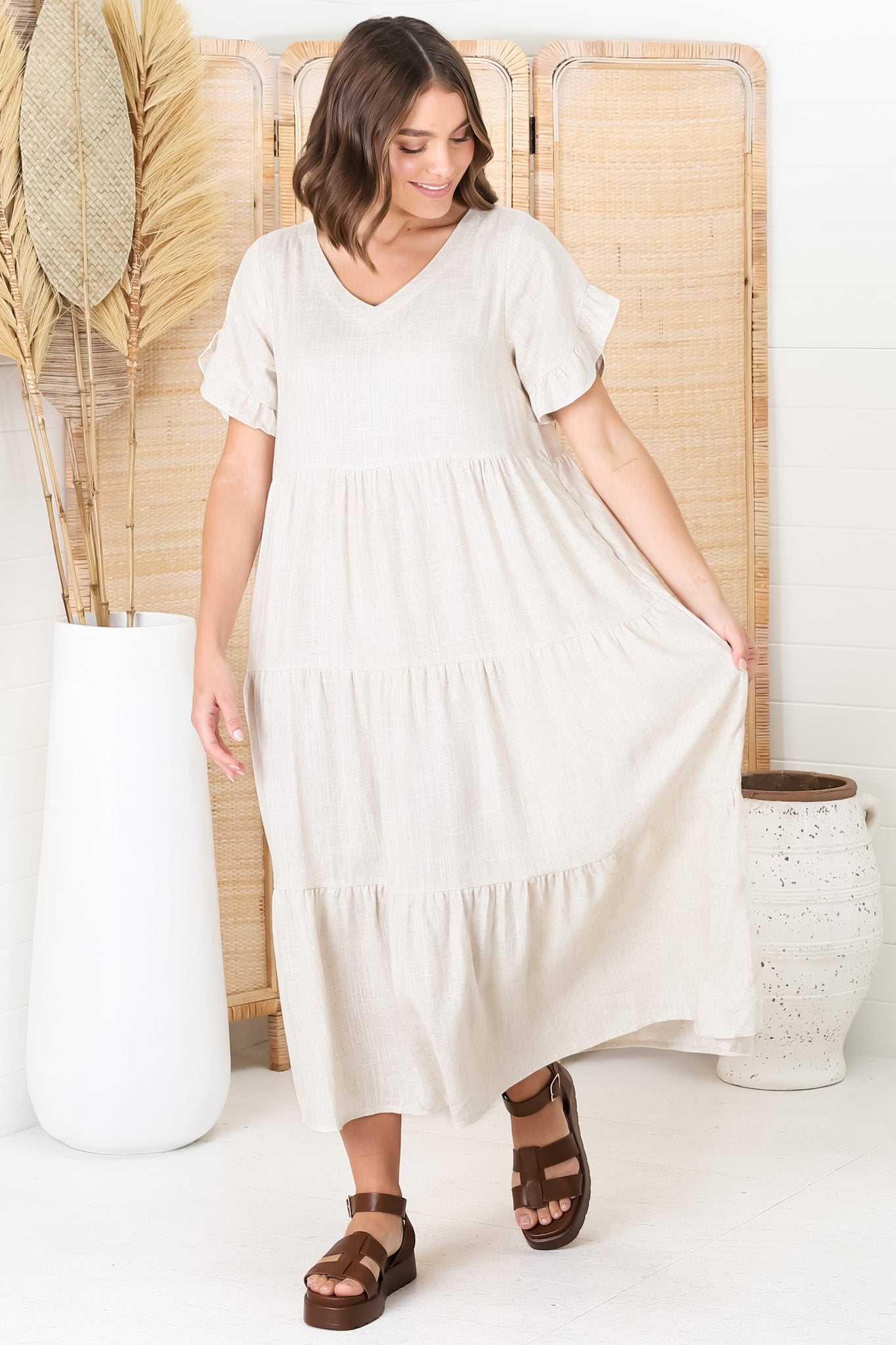 Ame Midi Dress - V Neck Frill Sleeve Tiered Dress in Oatmeal