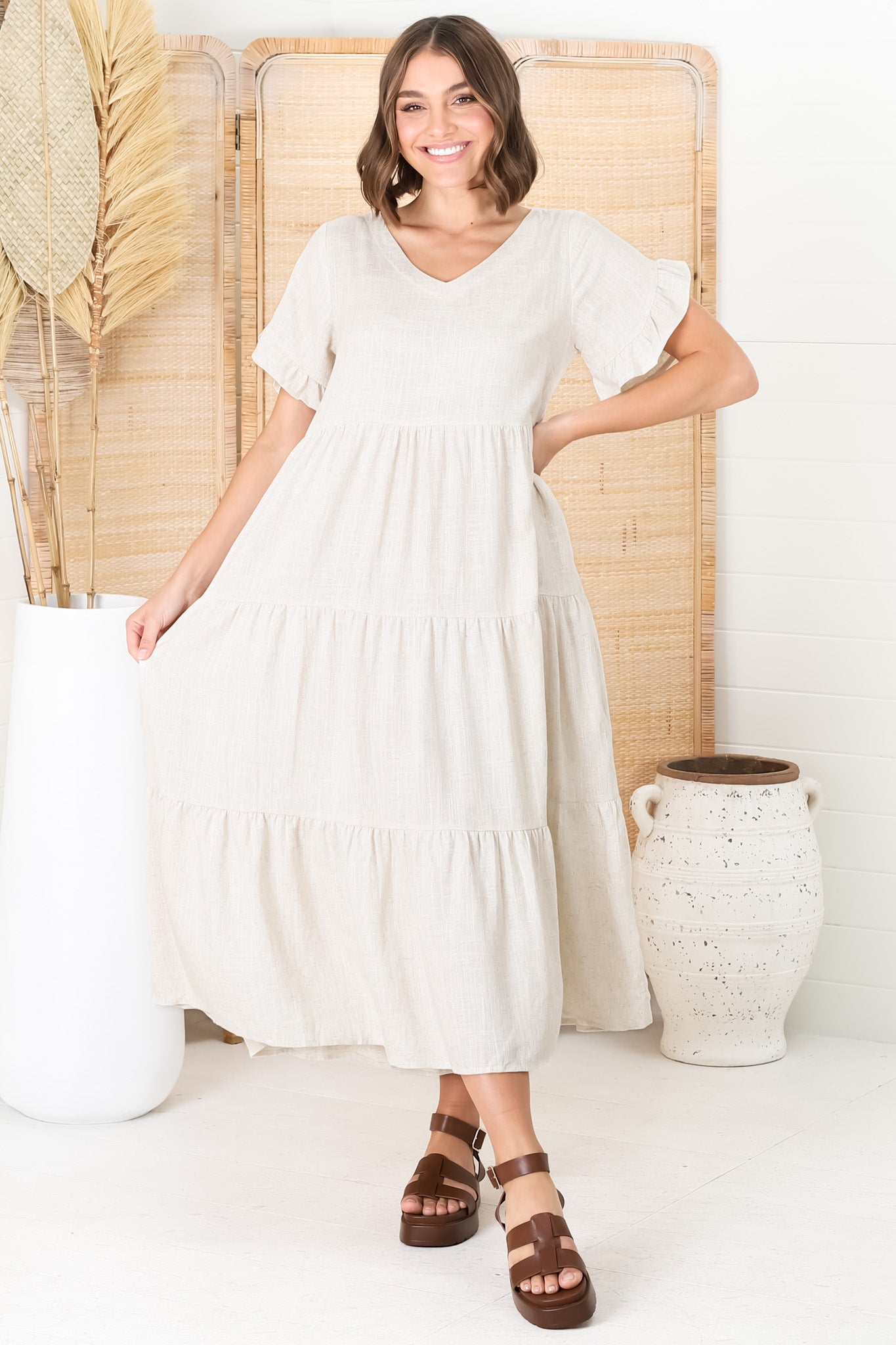 Ame Midi Dress - V Neck Frill Sleeve Tiered Dress in Oatmeal