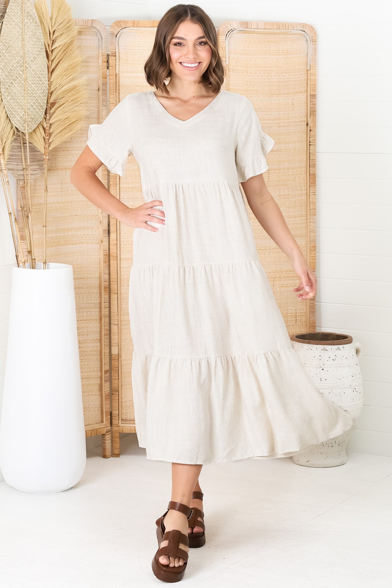 Ame Midi Dress - V Neck Frill Sleeve Tiered Dress in Oatmeal