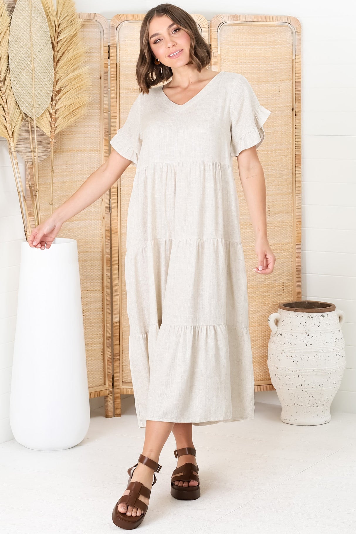 Ame Midi Dress - V Neck Frill Sleeve Tiered Dress in Oatmeal