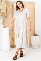 Ame Midi Dress - V Neck Frill Sleeve Tiered Dress in Oatmeal