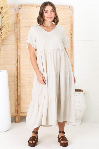 Ame Midi Dress - V Neck Frill Sleeve Tiered Dress in Oatmeal