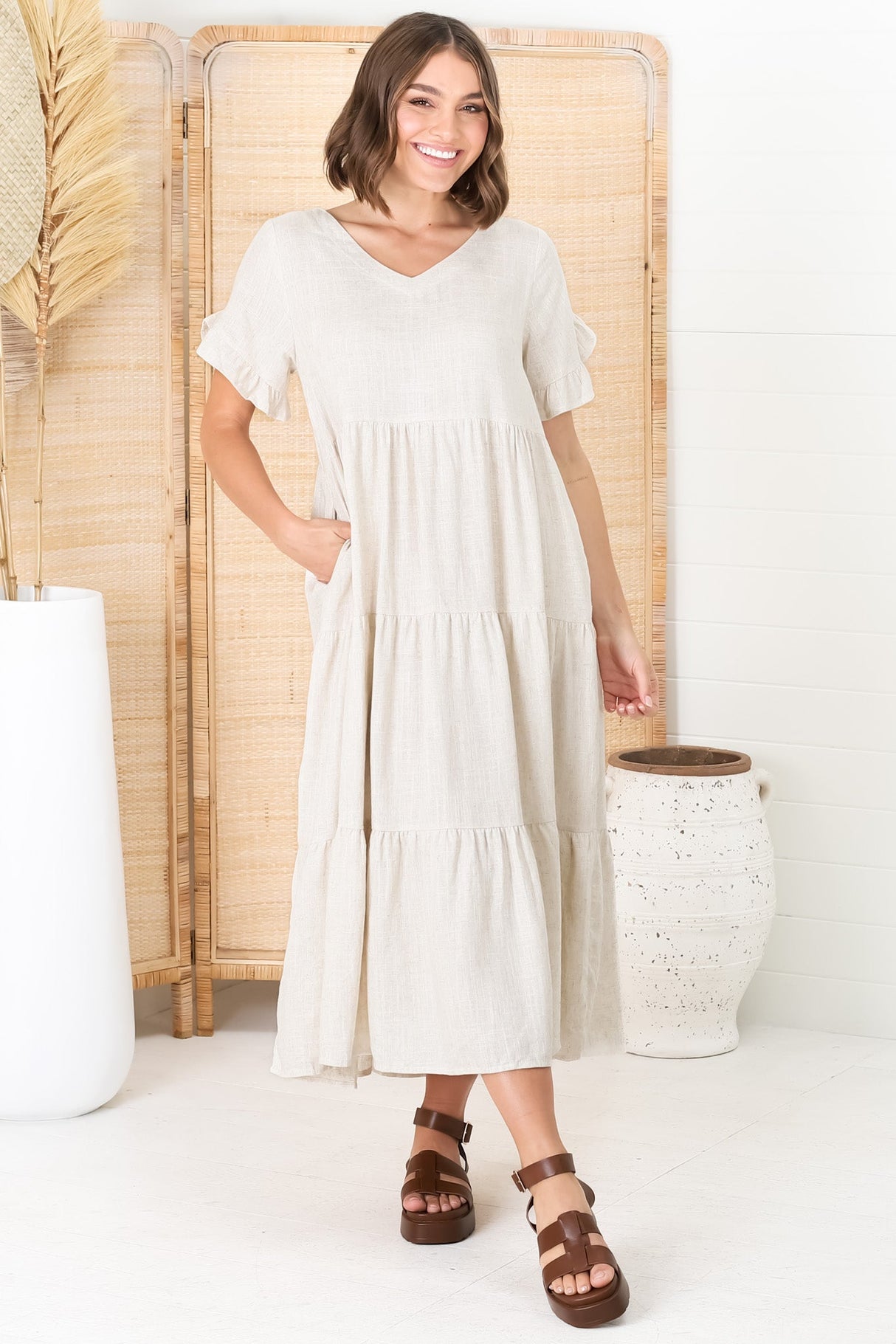 Ame Midi Dress - V Neck Frill Sleeve Tiered Dress in Oatmeal