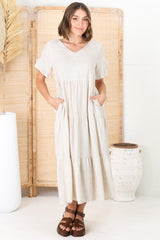 Ame Midi Dress - V Neck Frill Sleeve Tiered Dress in Oatmeal