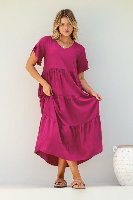 Ame Midi Dress - V Neck Frill Sleeve Tiered Dress in Magenta