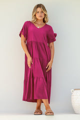 Ame Midi Dress - V Neck Frill Sleeve Tiered Dress in Magenta