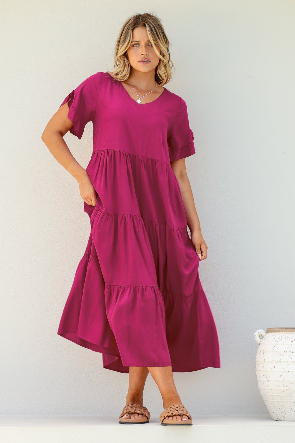 Ame Midi Dress - V Neck Frill Sleeve Tiered Dress in Magenta