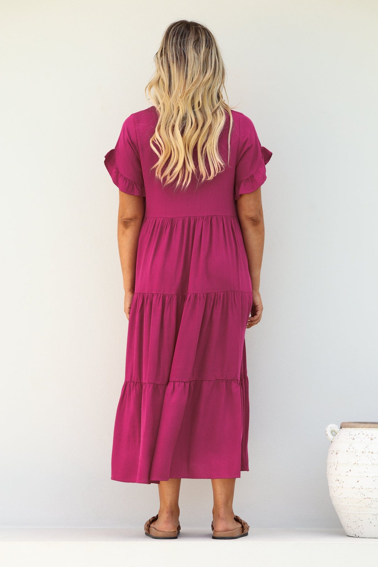 Ame Midi Dress - V Neck Frill Sleeve Tiered Dress in Magenta