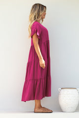 Ame Midi Dress - V Neck Frill Sleeve Tiered Dress in Magenta